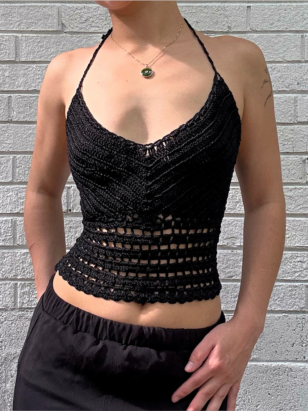 Black Crochet Halter Crop Top with Open Back & Scallop Hem